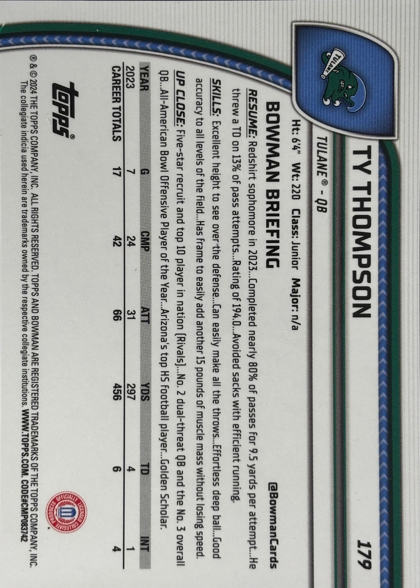 TY Thompson Bowman U Chrome SuperFractor 1/1 Tulane 1st