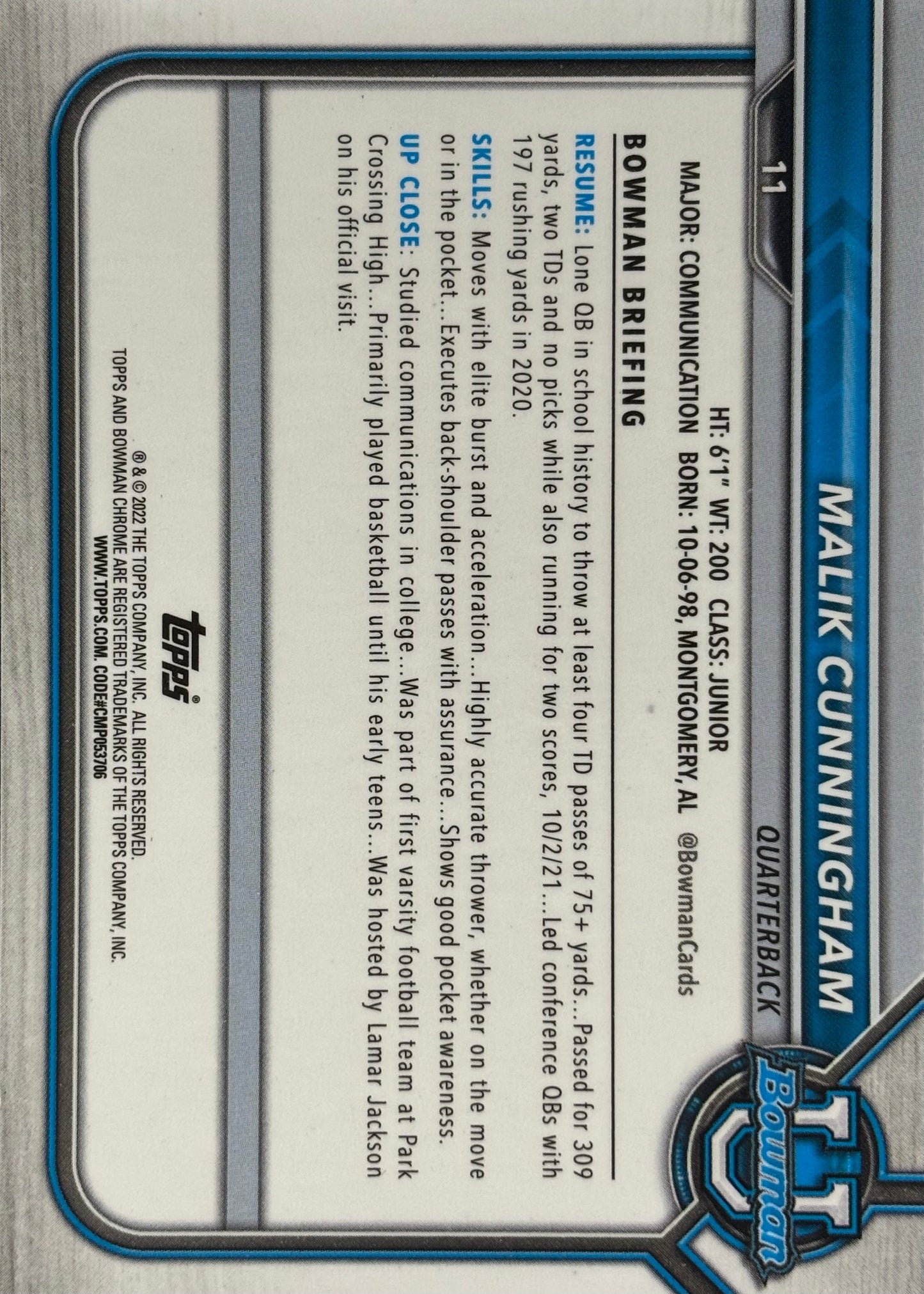 Malik Cunningham Bowman U Chrome Black Shimmer 1/1 Lions Ravens Patriots