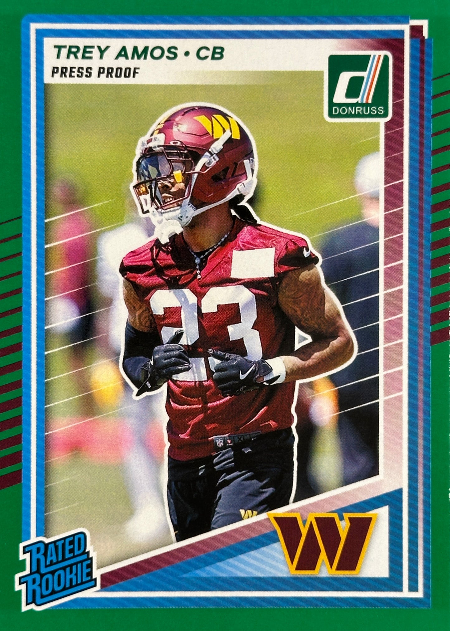 Trey Amos Green Press Proof Rated Rookie Commanders Sports Card