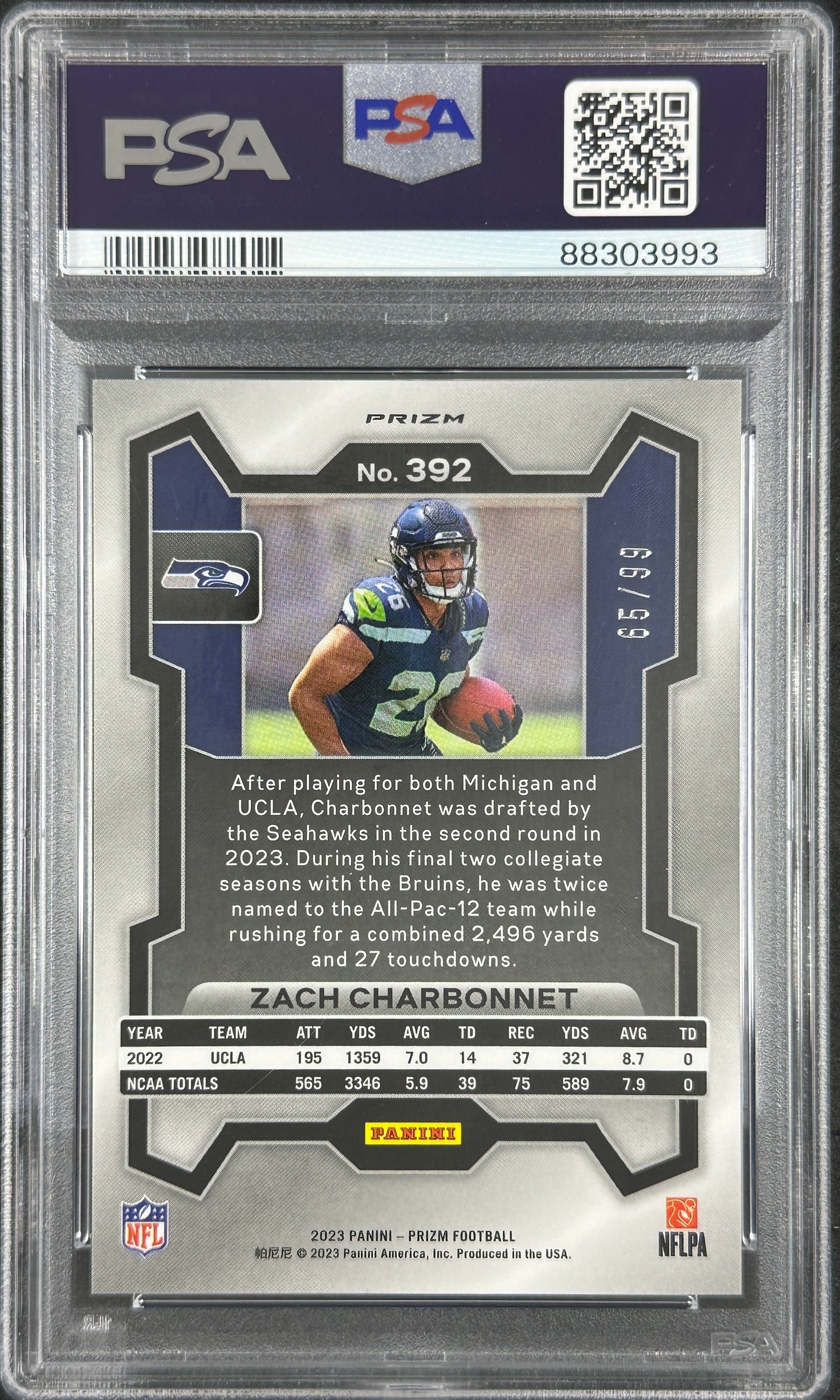 Zach Charbonnet Prizm Blue Ice /99 Rookie 2023 PSA 10 Seahawks