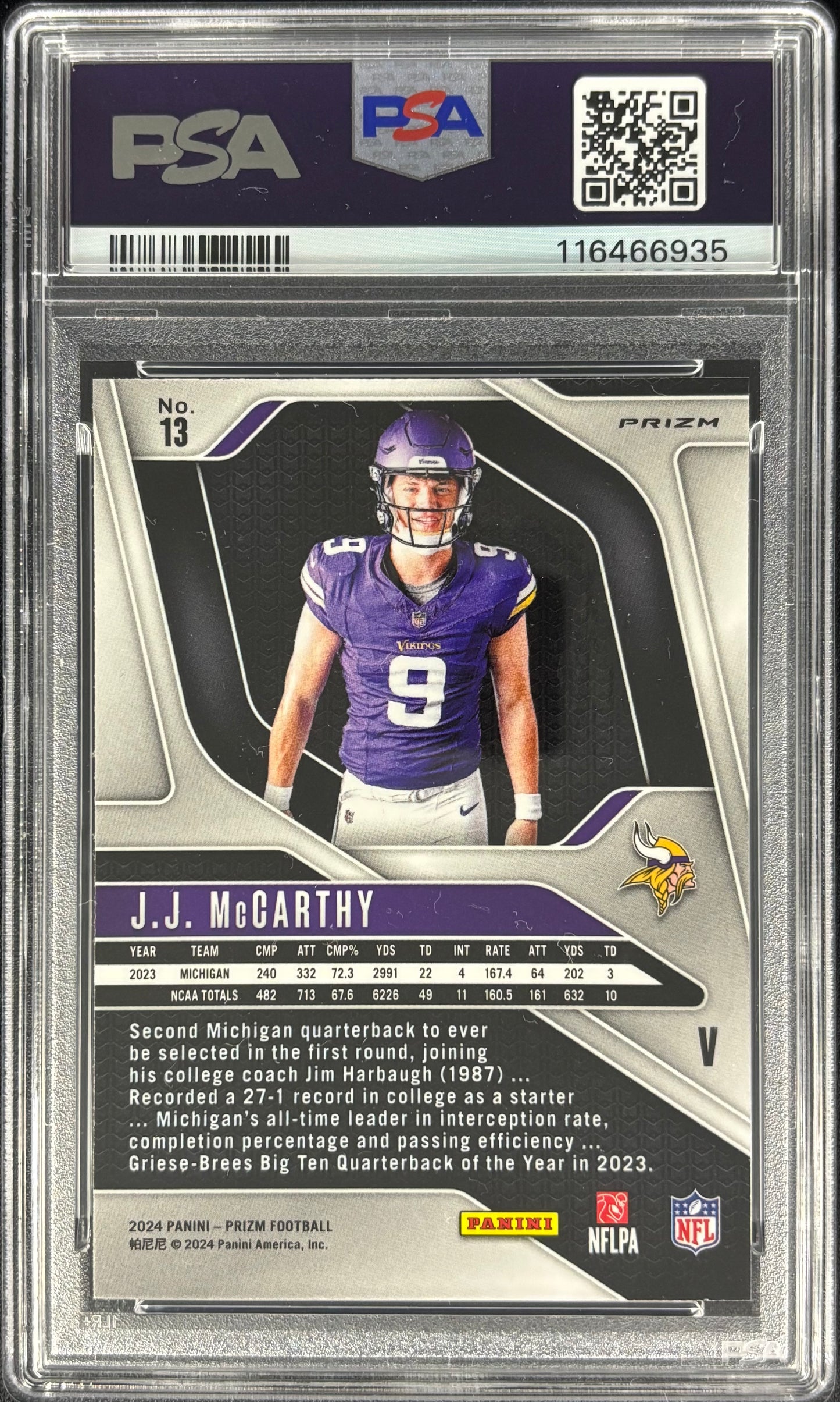 JJ McCarthy Prizm Variation Silver PSA 8 Rookie Vikings