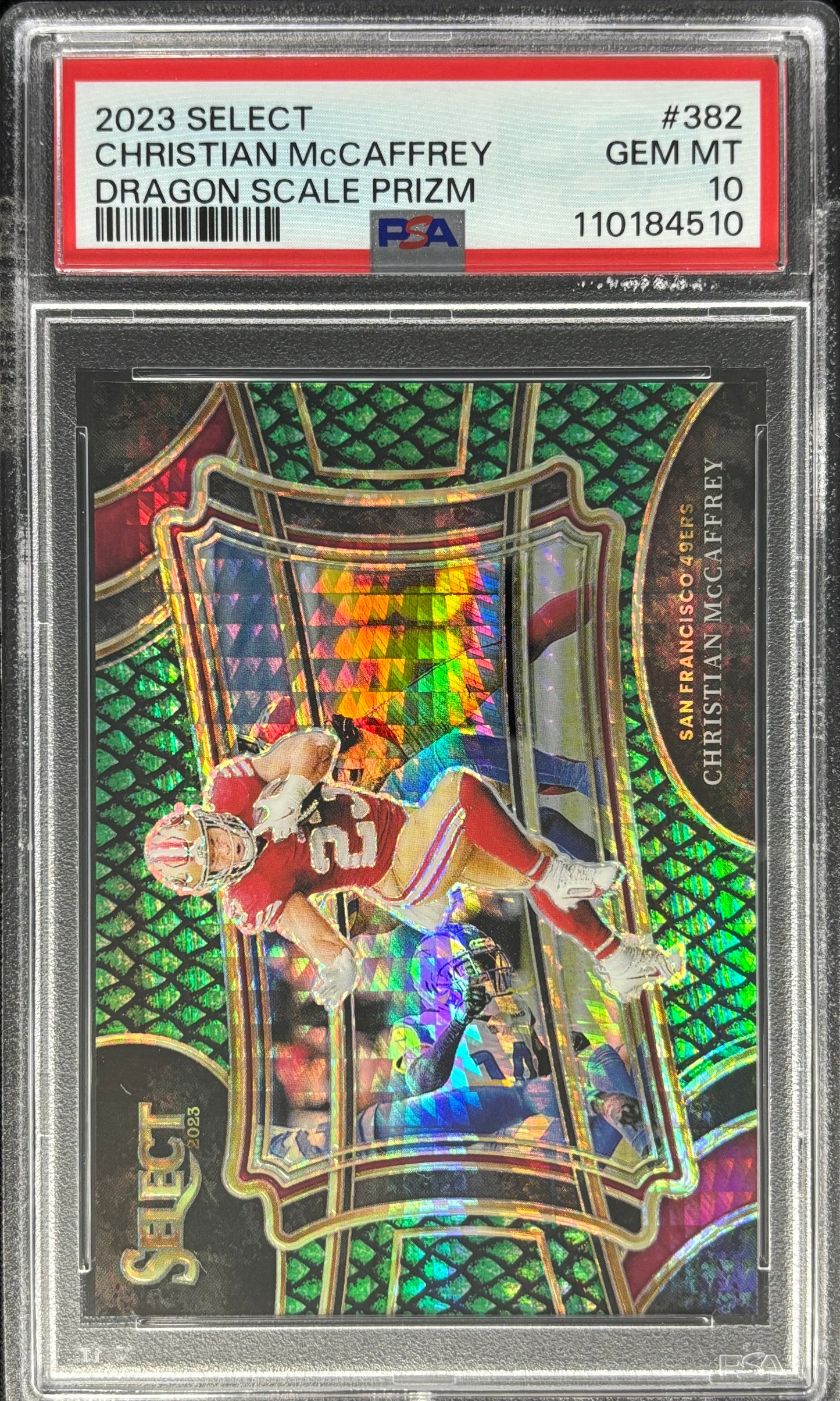 Christian McCaffrey 2023 Select Dragon Scale /70 PSA 10 Field Level 49ers
