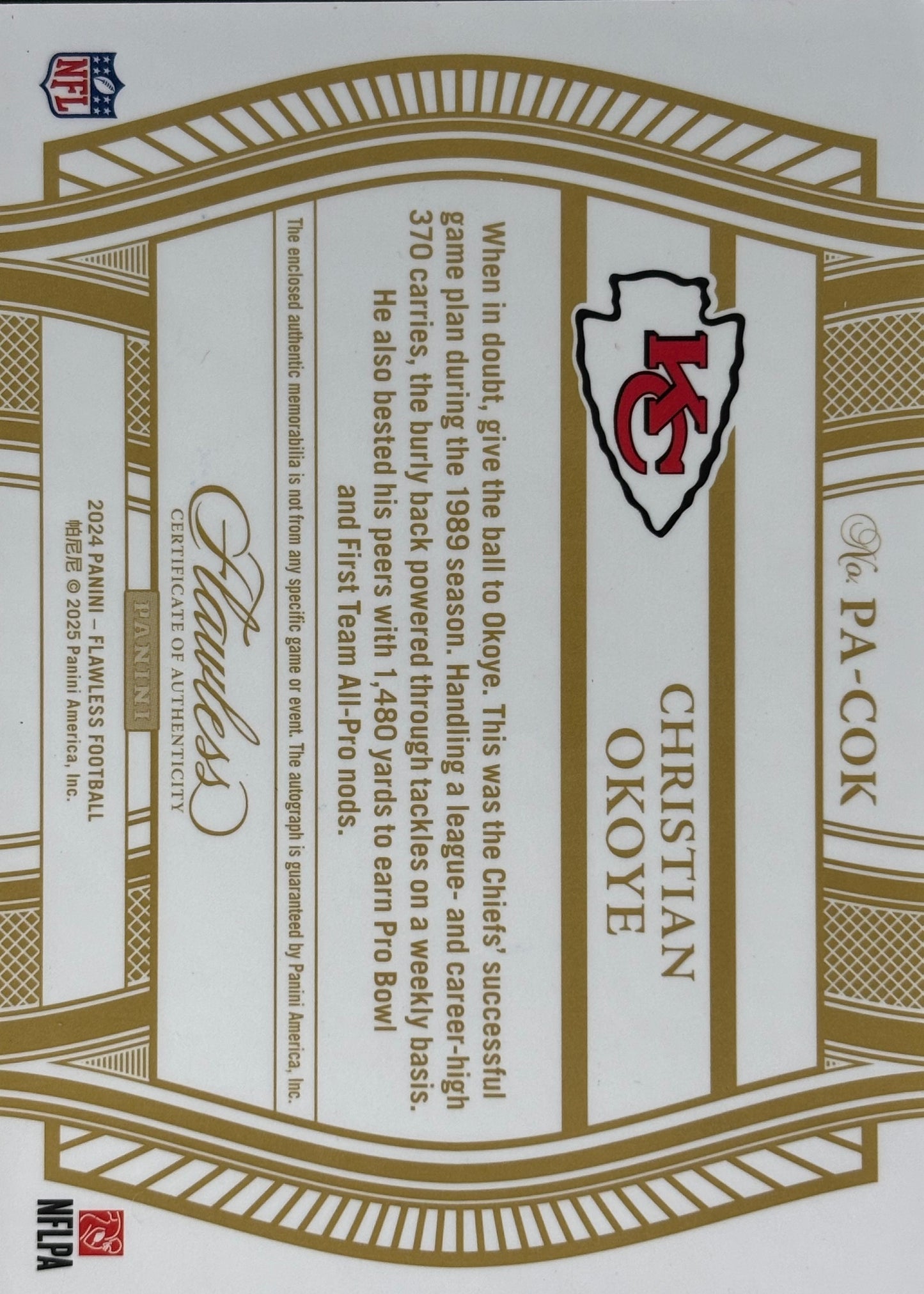 Christian Okoye Flawless Patch Auto /25 Chiefs