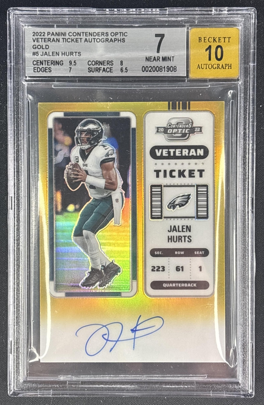 Jalen Hurts 2022 Contenders Optic Veteran Ticket Auto Gold /10