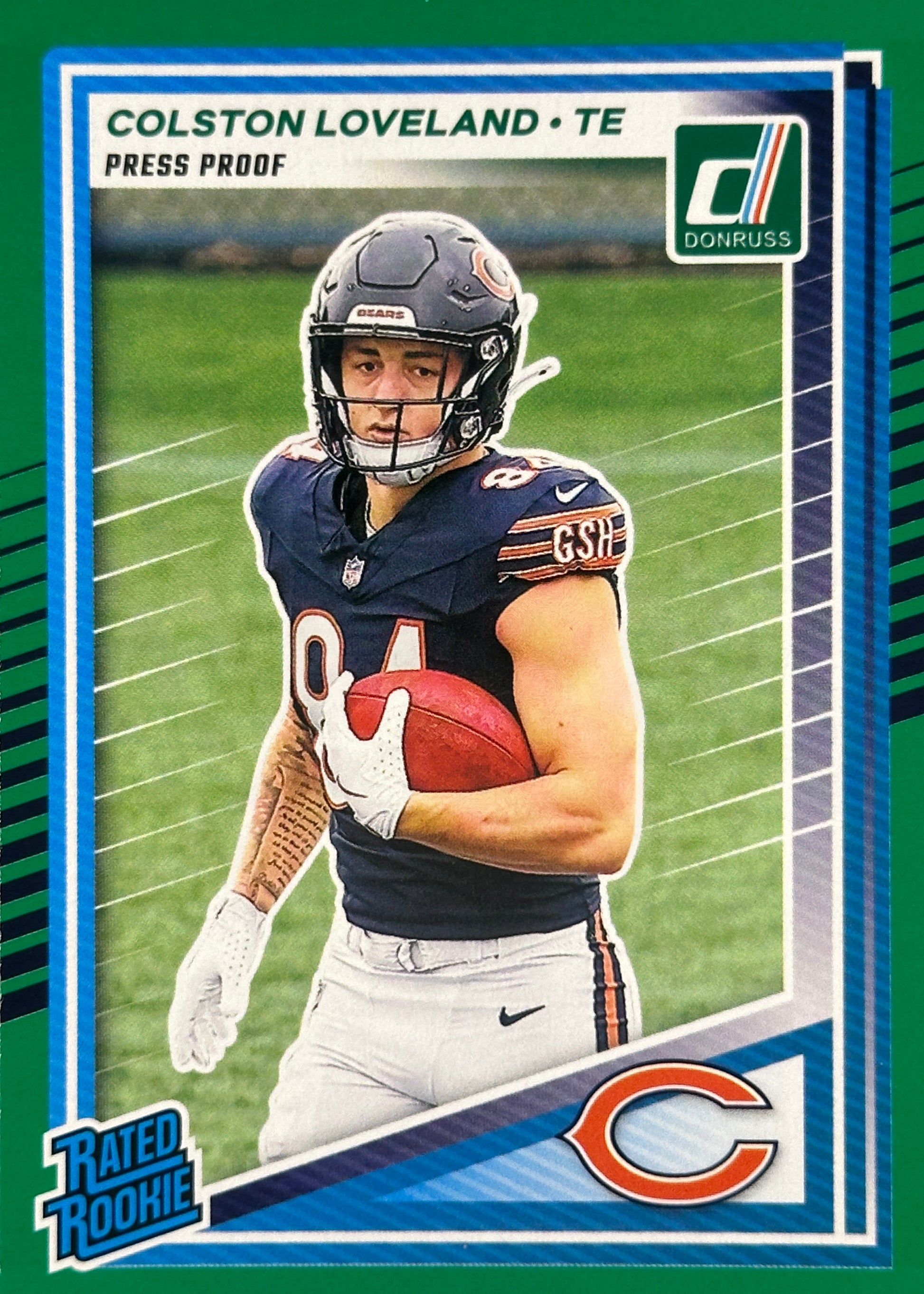 Colston Loveland Green Press Proof Donruss Rated Rookie Bears Sports Card