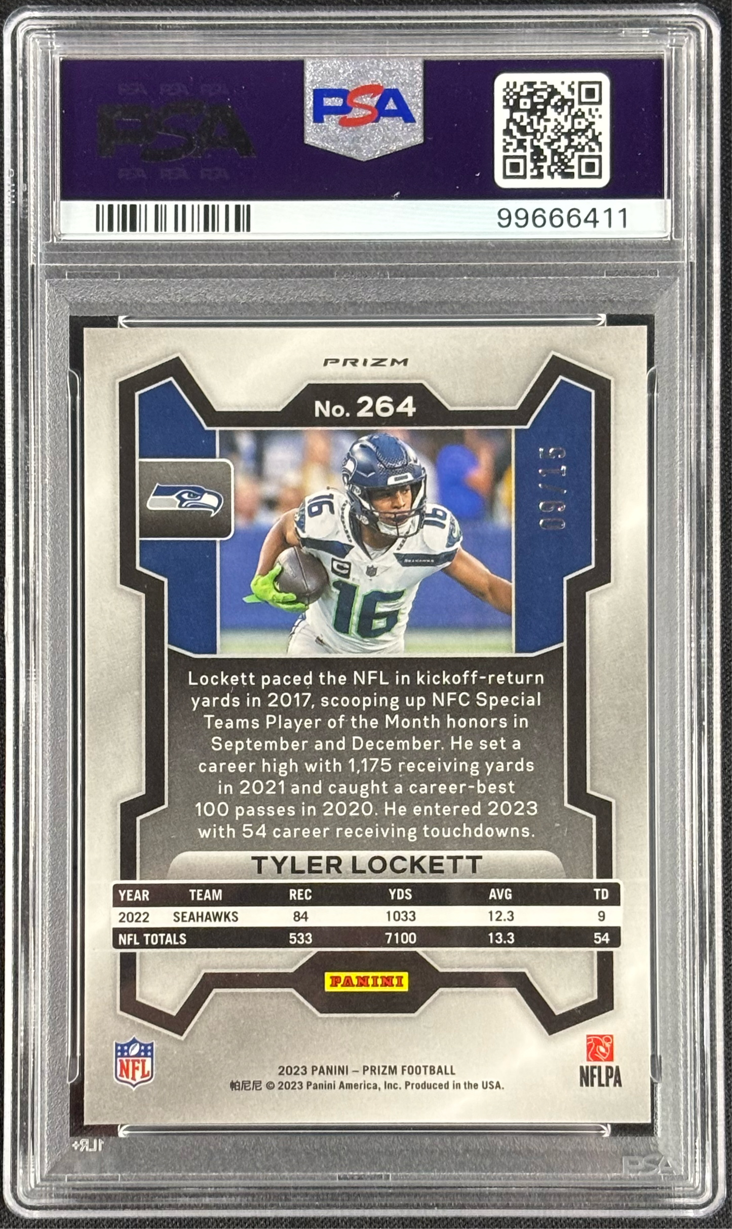 Tyler Lockett 2023 Prizm Pink No Huddle /15 PSA 10 Gem Mt Seattle Seahawks #264