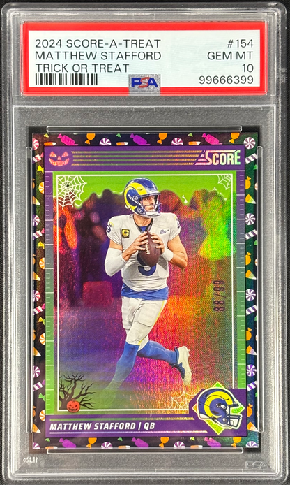 Matthew Stafford 2024 Score-A-Treat Candy Foil /99 PSA 10 Gem Mt #154 Los Angeles Rams Black Trick or Treat