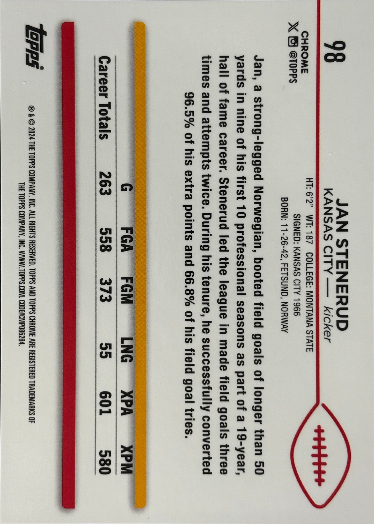 Jan Stenerud Topps Chrome Red Wave /5 Chiefs