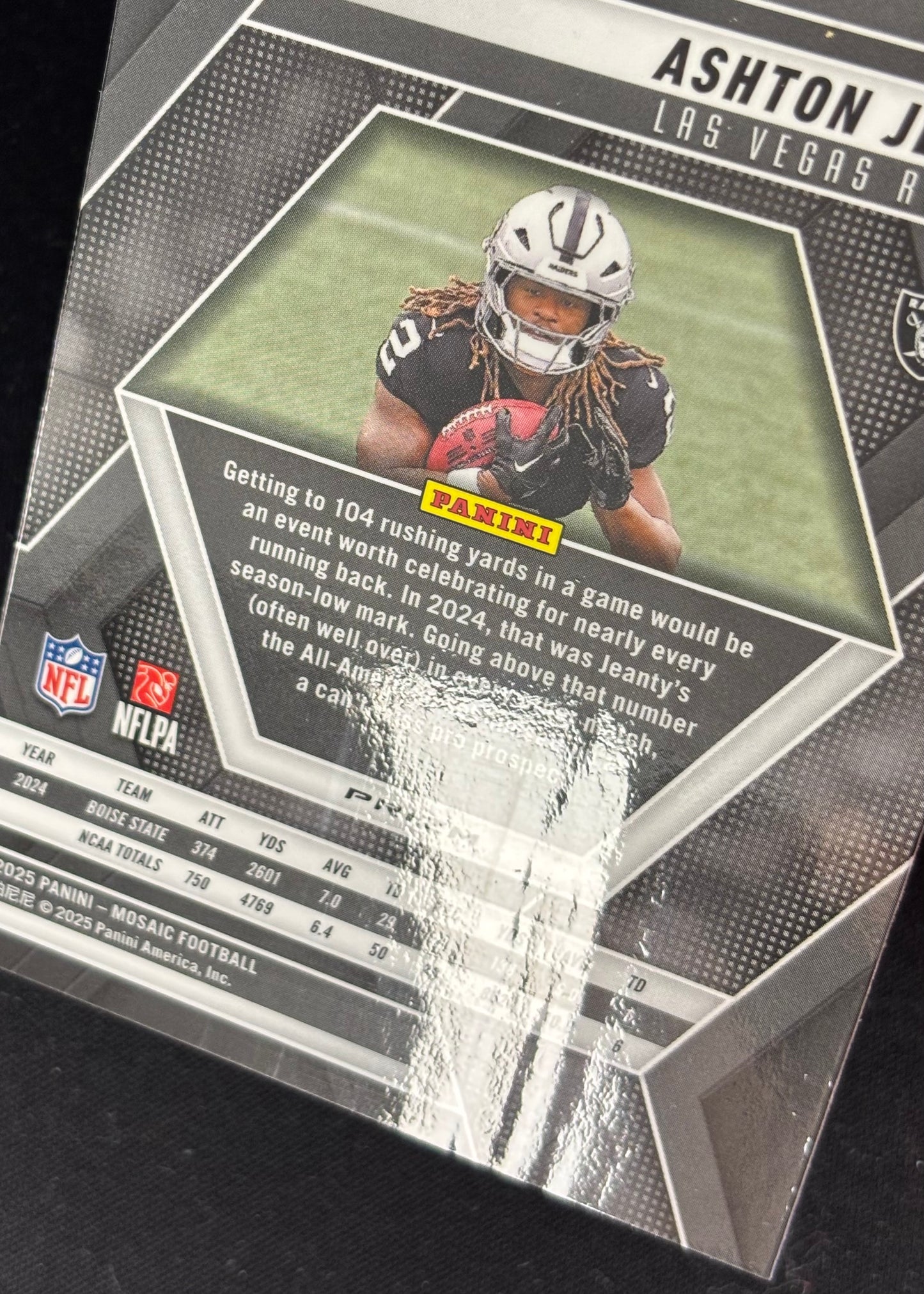 *Damaged* Ashton Jeanty 2025 Panini Mosaic Rookies No Huddle Silver Prizm Raiders Sports Trading Cards