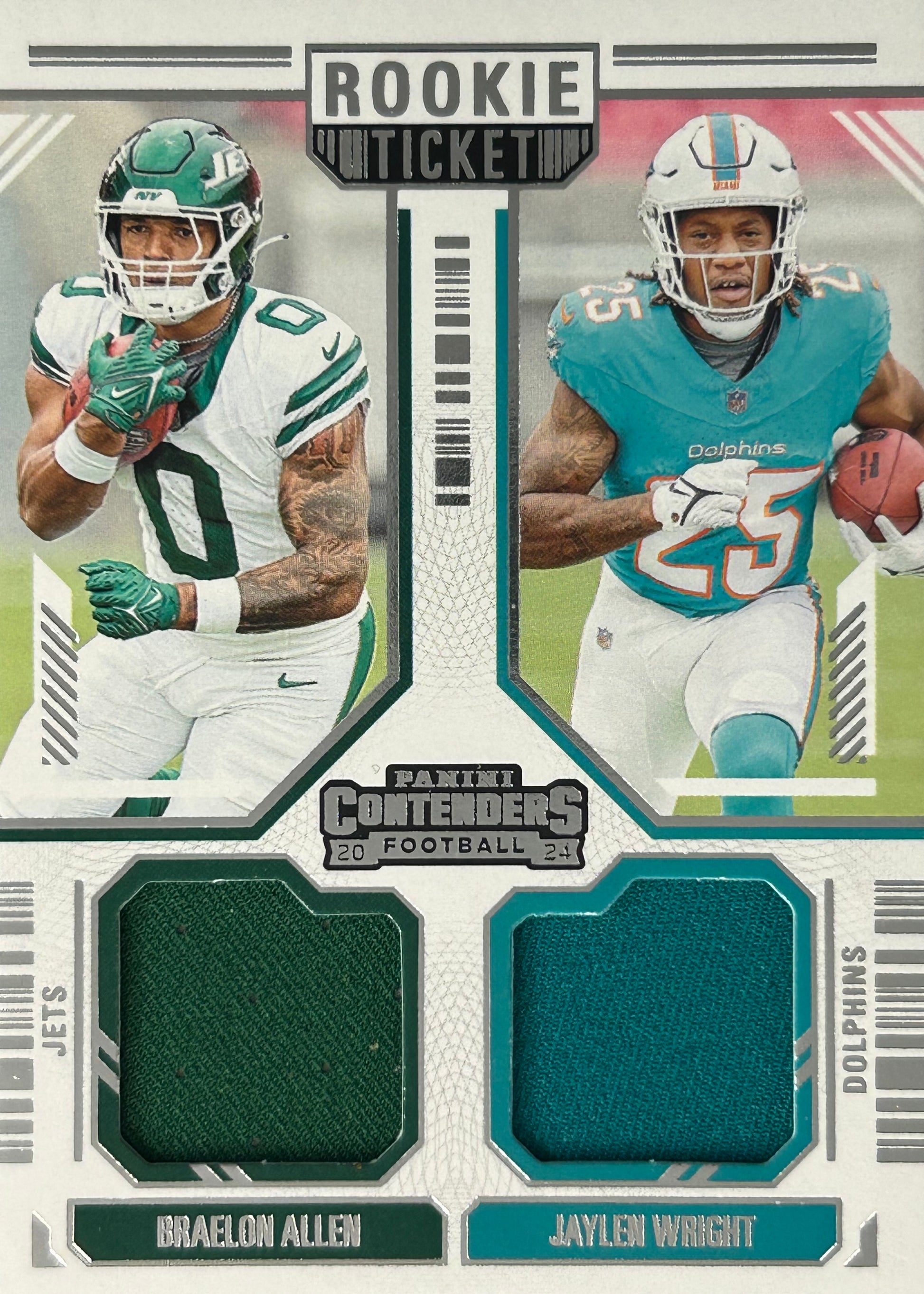 Jaylin Wright Braelon Allen Contenders Rookie Ticket Patch Dolphins Jets Sports Card