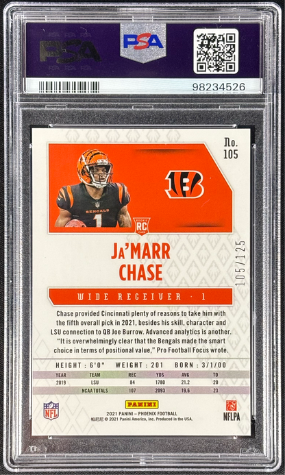 Ja'marr Chase 2021 Phoenix Purple /125 PSA 10 Gem Mt #105 Cincinnati Bengals Rookie RC