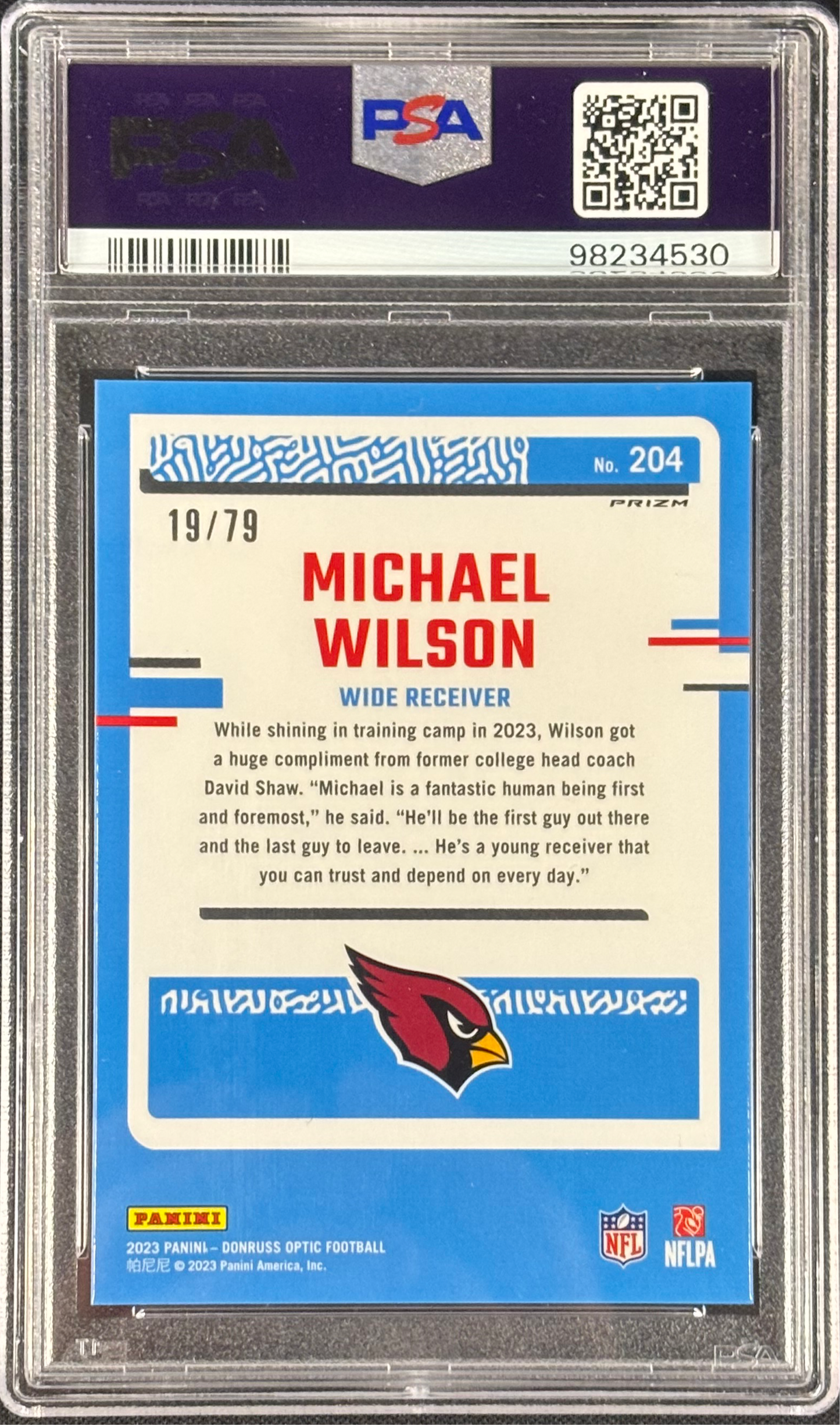 Michael Wilson 2023 Donruss Optic Pink Velocity /79 PSA 10 Gem Mt Rated Rookie #204 Arizona Cardinals