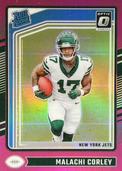 Malachi Corley Optic Pink Rookie Jets Sports Card