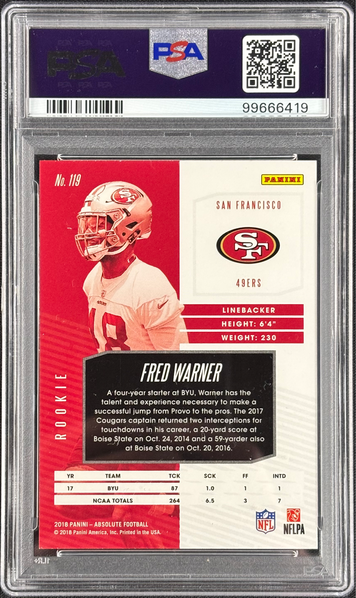 Fred Warner 2018 Absolute PSA 10 Gem Mt Rookie RC #119 San Francisco 49ers POP 5