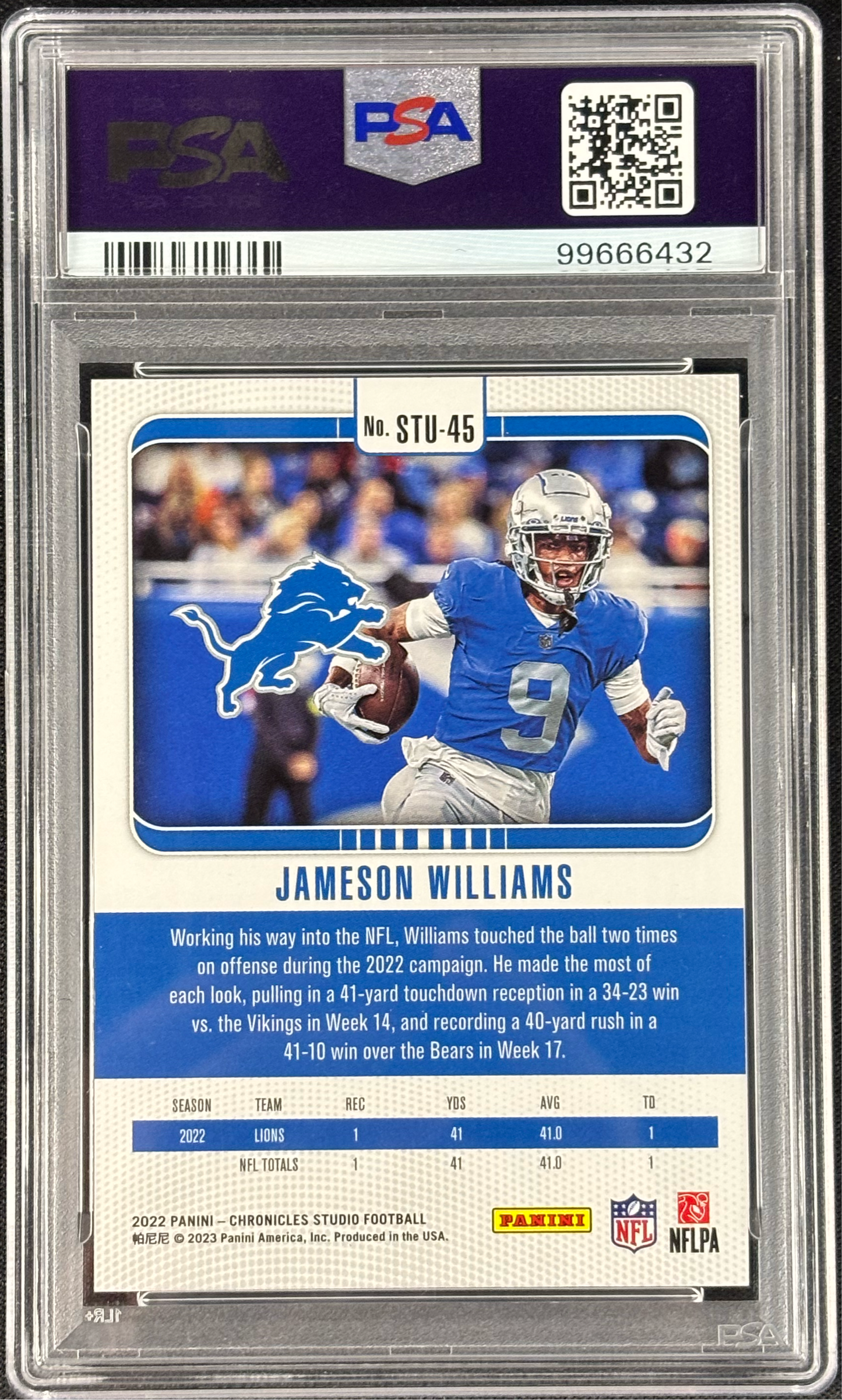 Jameson Williams 2022 Chronicles Studio Red /99 PSA 10 Gem Mt #STU45 Detroit Lions