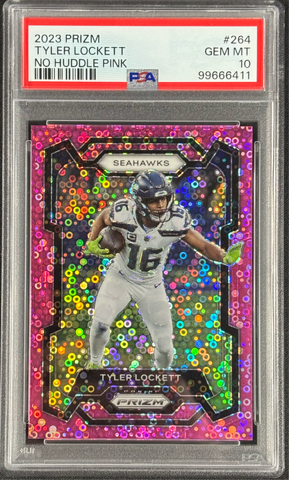 Tyler Lockett 2023 Prizm Pink No Huddle /15 PSA 10 Gem Mt Seattle Seahawks #264