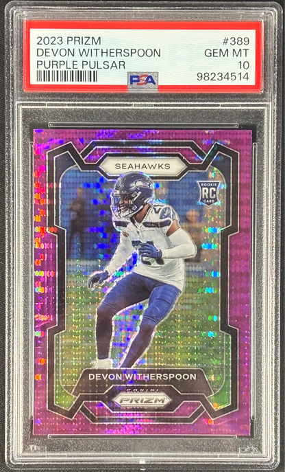 Devon Witherspoon 2023 Prizm Purple Pulsar PSA 10 Gem Mt #389 Seattle Seahawks Rookie RC