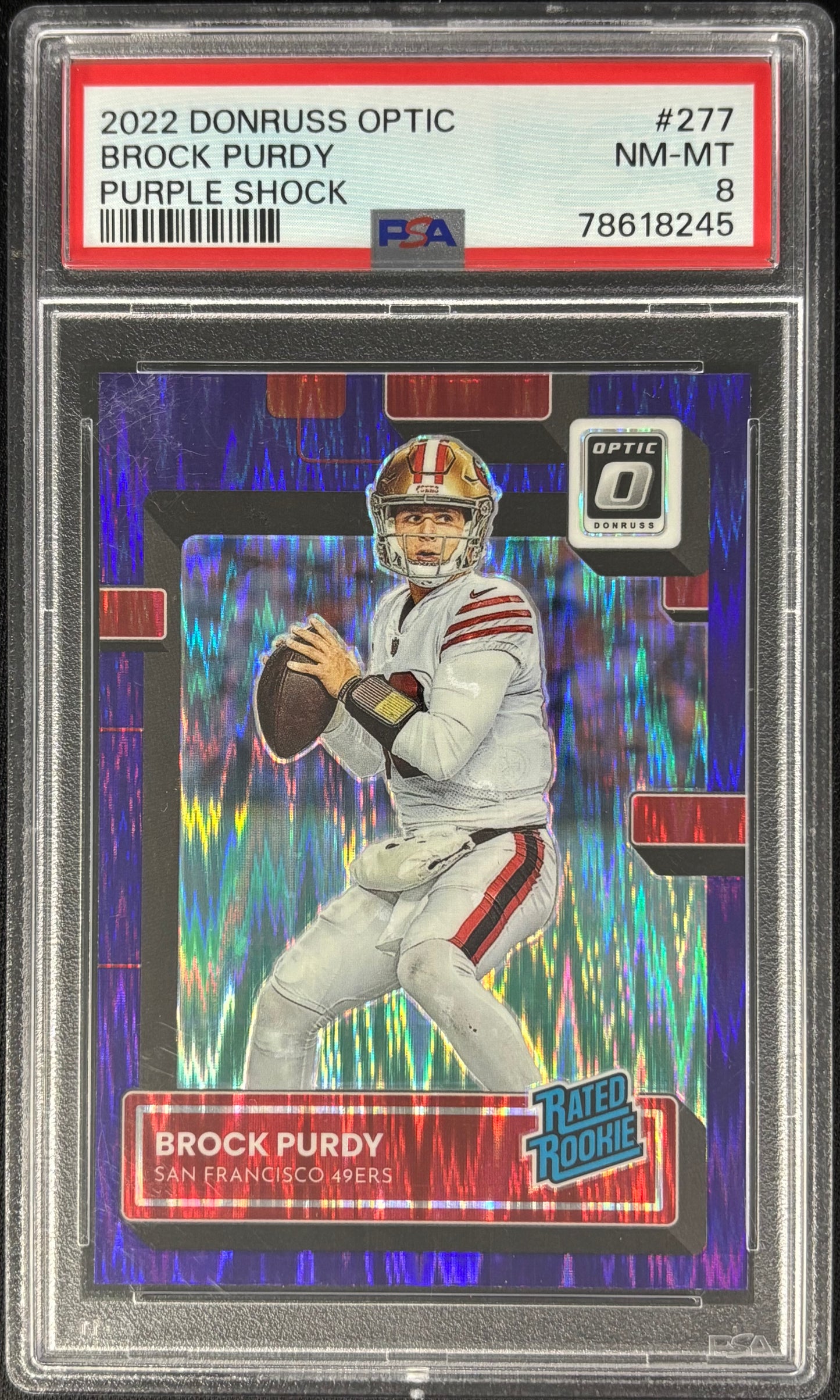 Brock Purdy Optic Purple Shock PSA 8 Rookie 49ers