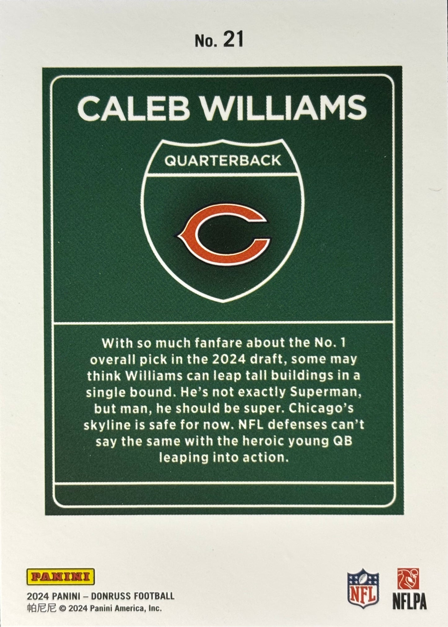 Caleb Williams 2024 Donruss Downtown! Rookie Bears