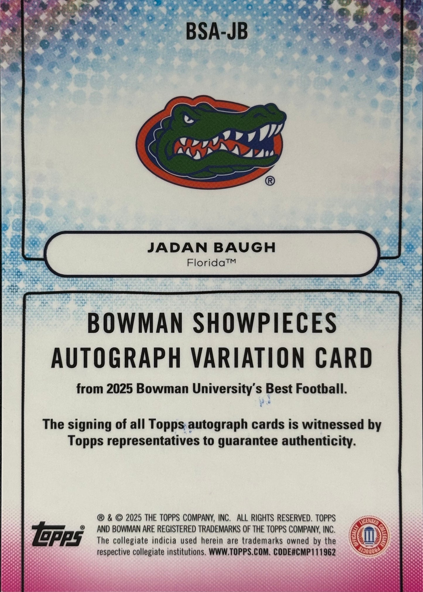 Jadan Baugh Bowman Best Showpieces Gold Auto /50 Florida