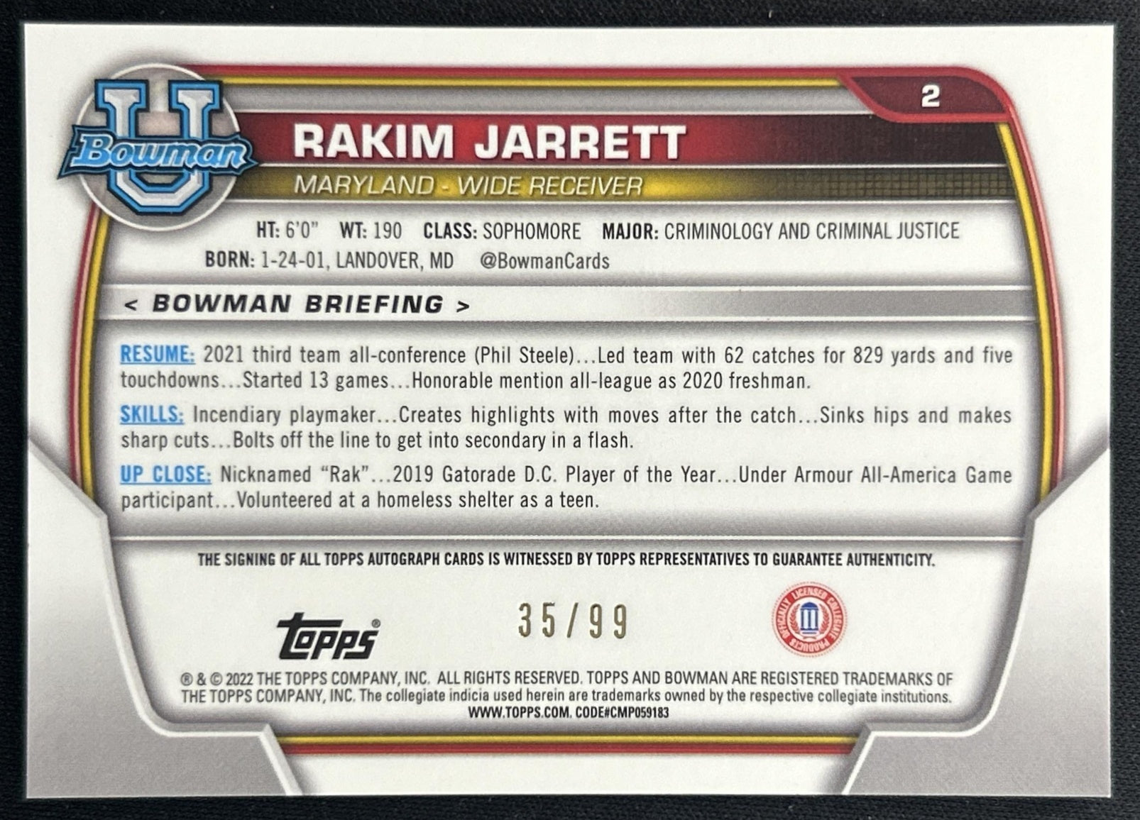 Rakim Jarrett 2022 Bowman University Chrome Prospect Auto Green Refractor /99 Back