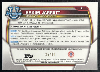 Rakim Jarrett 2022 Bowman University Chrome Prospect Auto Green Refractor /99 Back