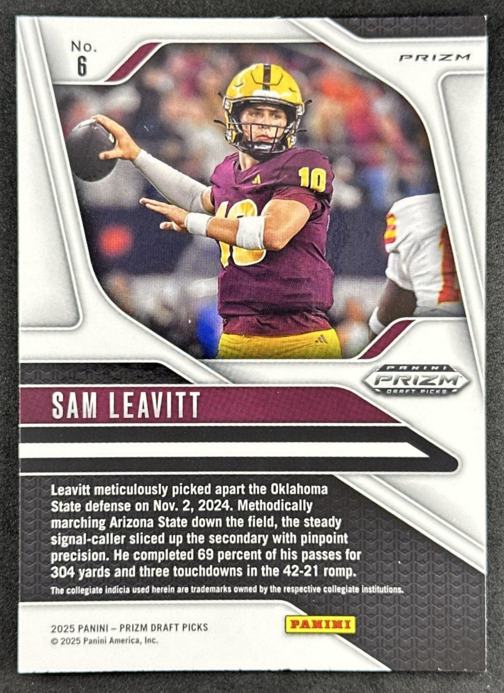 Sam Leavitt 2025 Panini Prizm Draft Picks Green Sun Devils Sports Trading Card