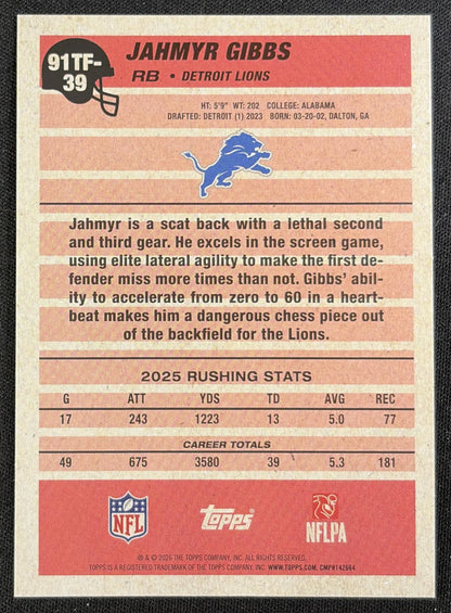 Jahmyr Gibbs 2026 Topps 1991 Pink Crackle Foil Lions Sports Trading Card