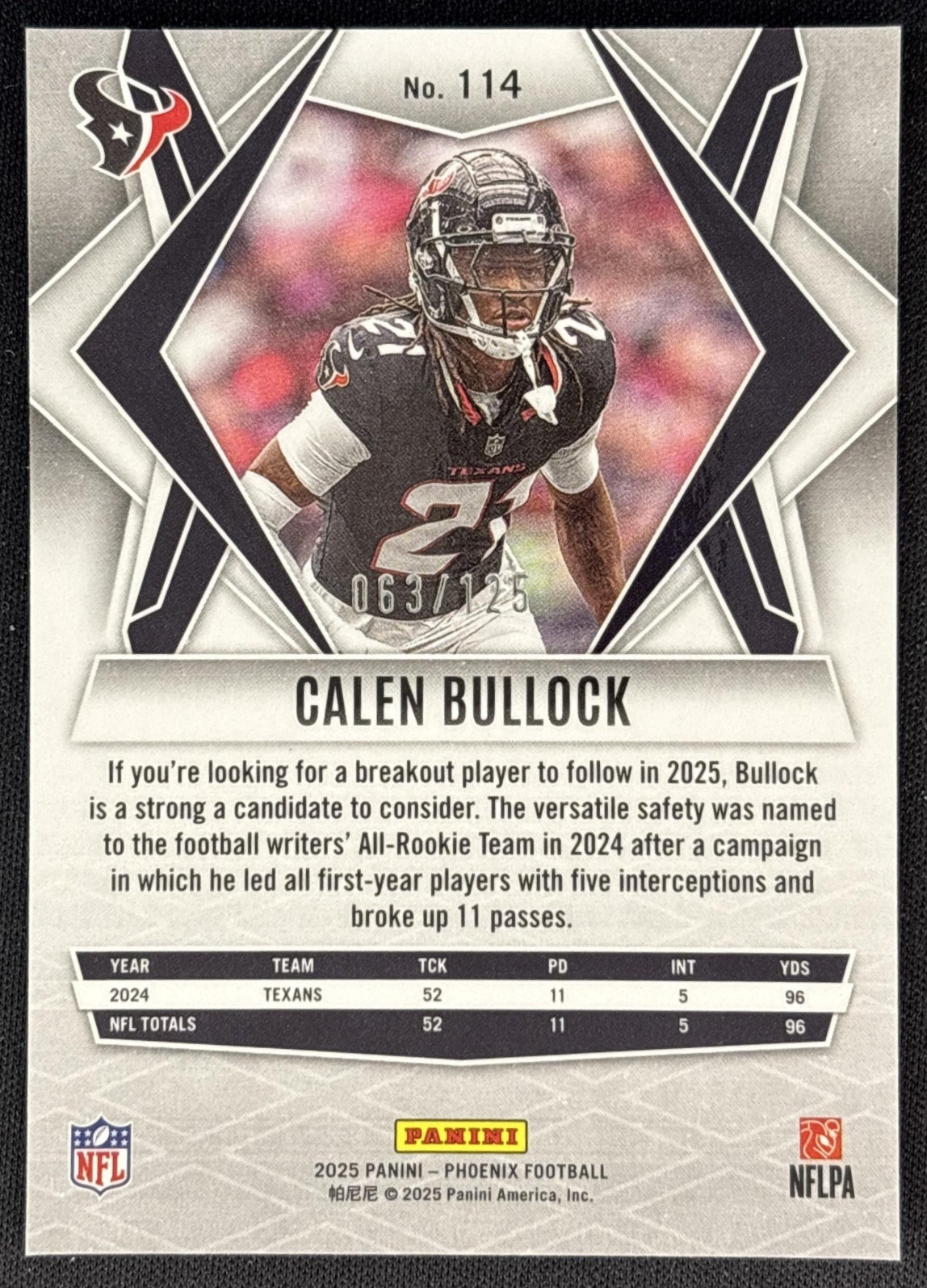 Calen Bullock 2025 Panini Phoenix Yellow Lava Prizm /125 Texans back