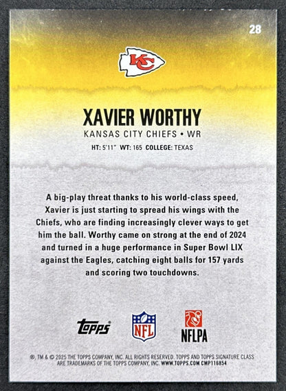 Xavier Worthy 2025 Topps Signature Class Veteran Green & Purple Foil Chiefs back