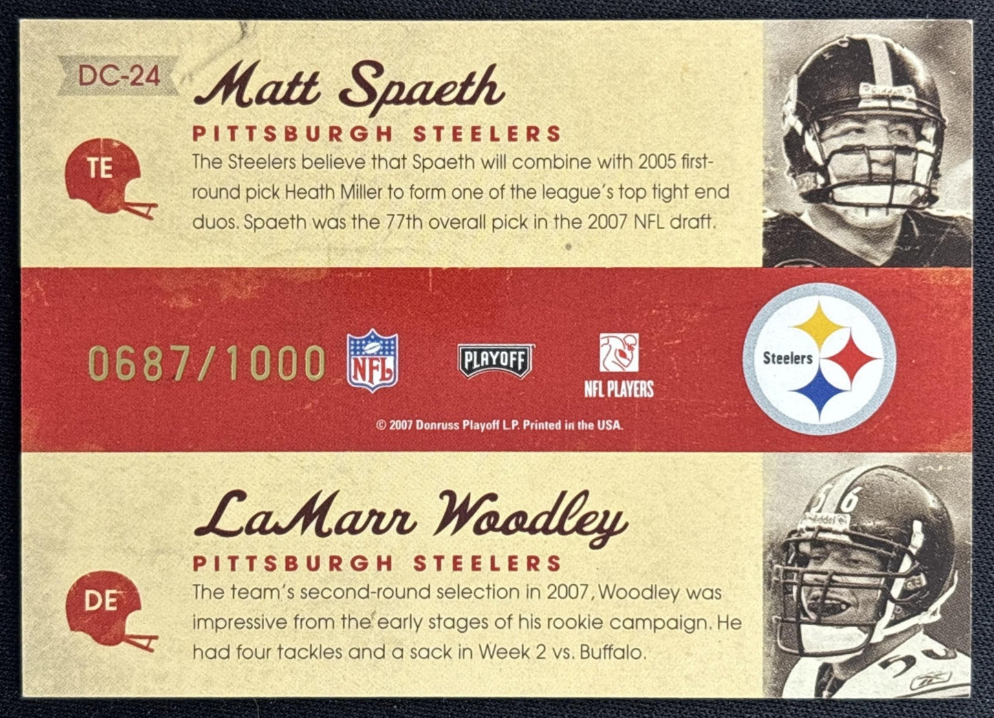 Matt Spaeth LaMarr Woodley 2007 Playoff Contenders Draft Class /1000 Steelers back