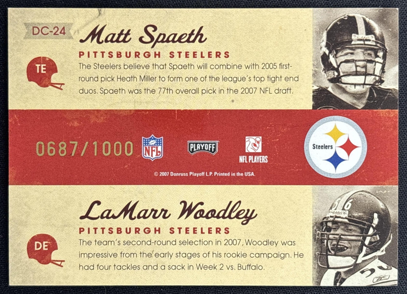 Matt Spaeth LaMarr Woodley 2007 Playoff Contenders Draft Class /1000 Steelers back