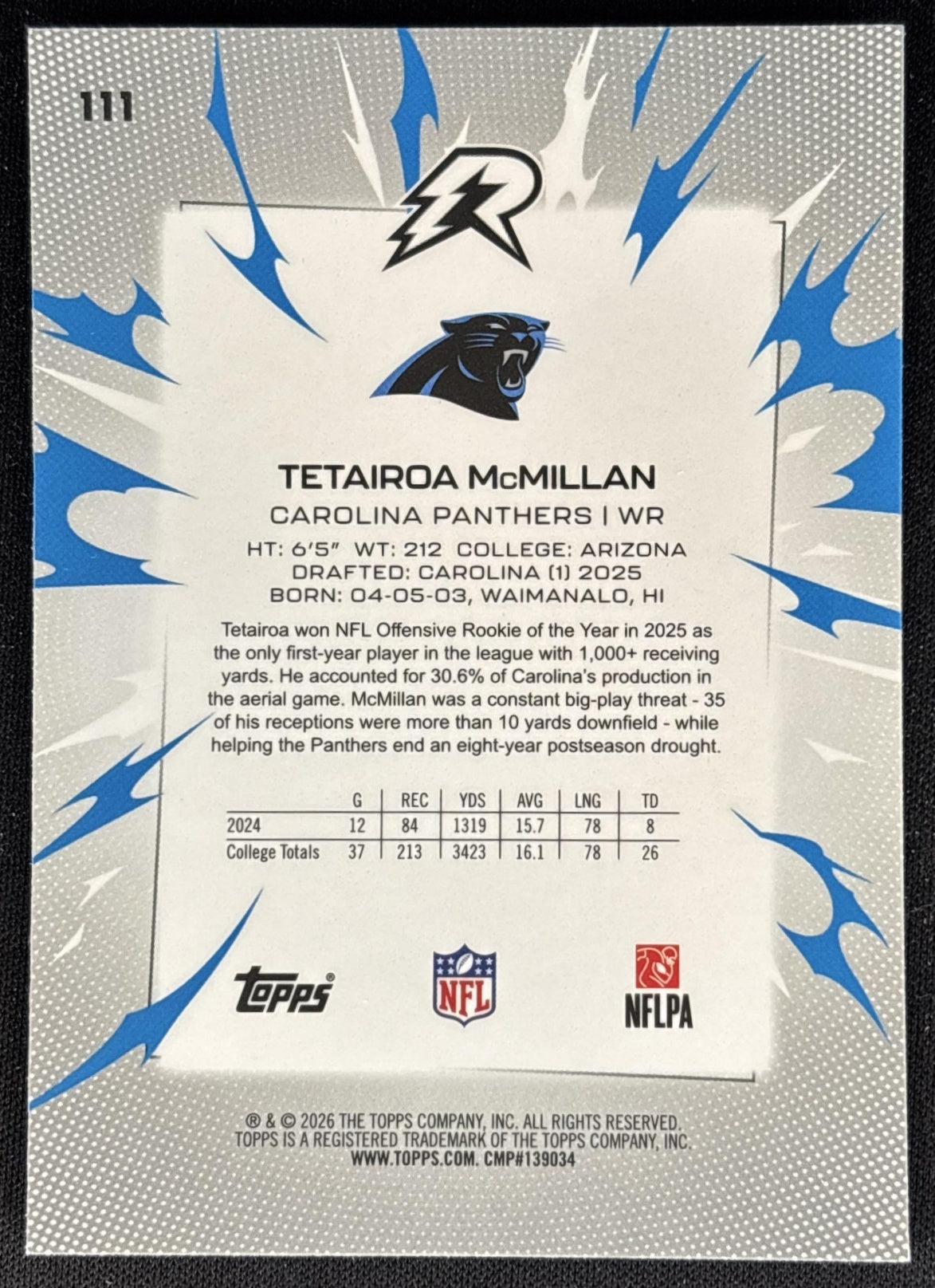 Tetairoa McMillan 2025 Topps Resurgence Panthers back