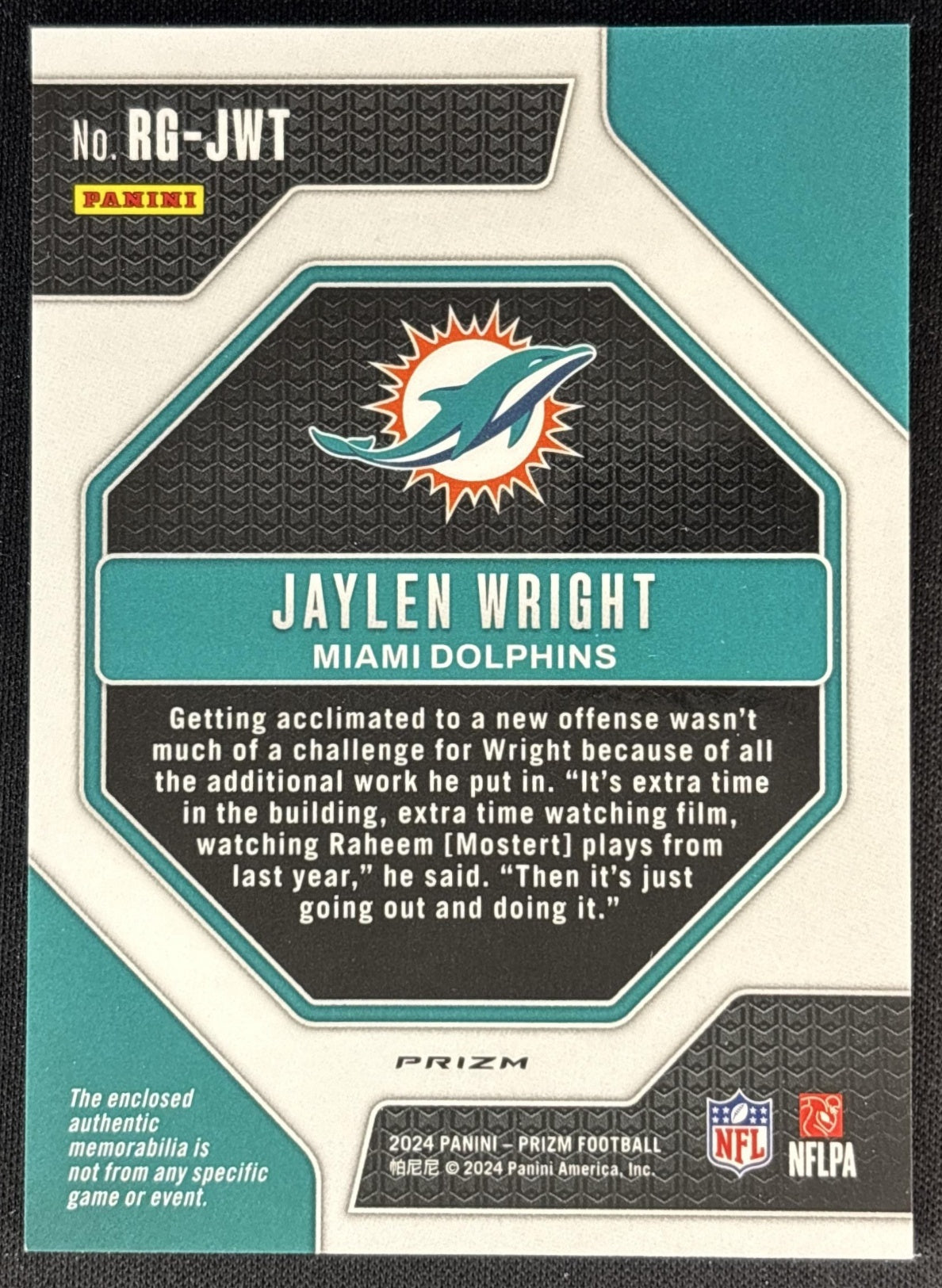 Jaylen Wright 2024 Panini Prizm Rookie Gear Pink Dolphins