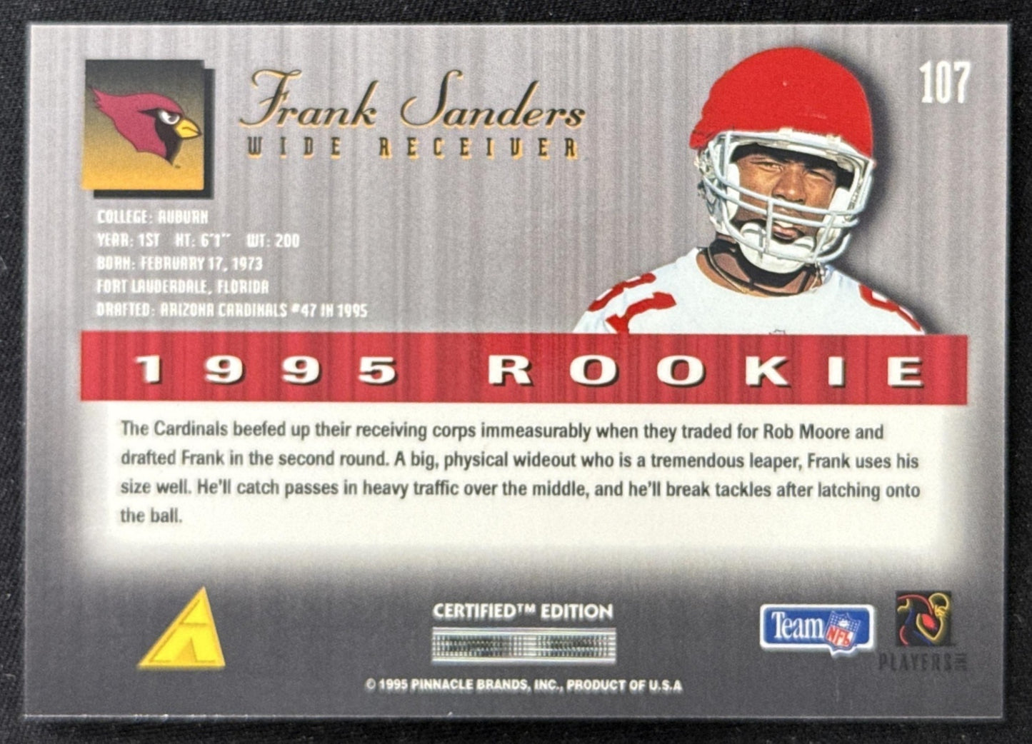 Frank Sanders 1995 Pinnacle Select Certified Cardinals Sports Trading Card