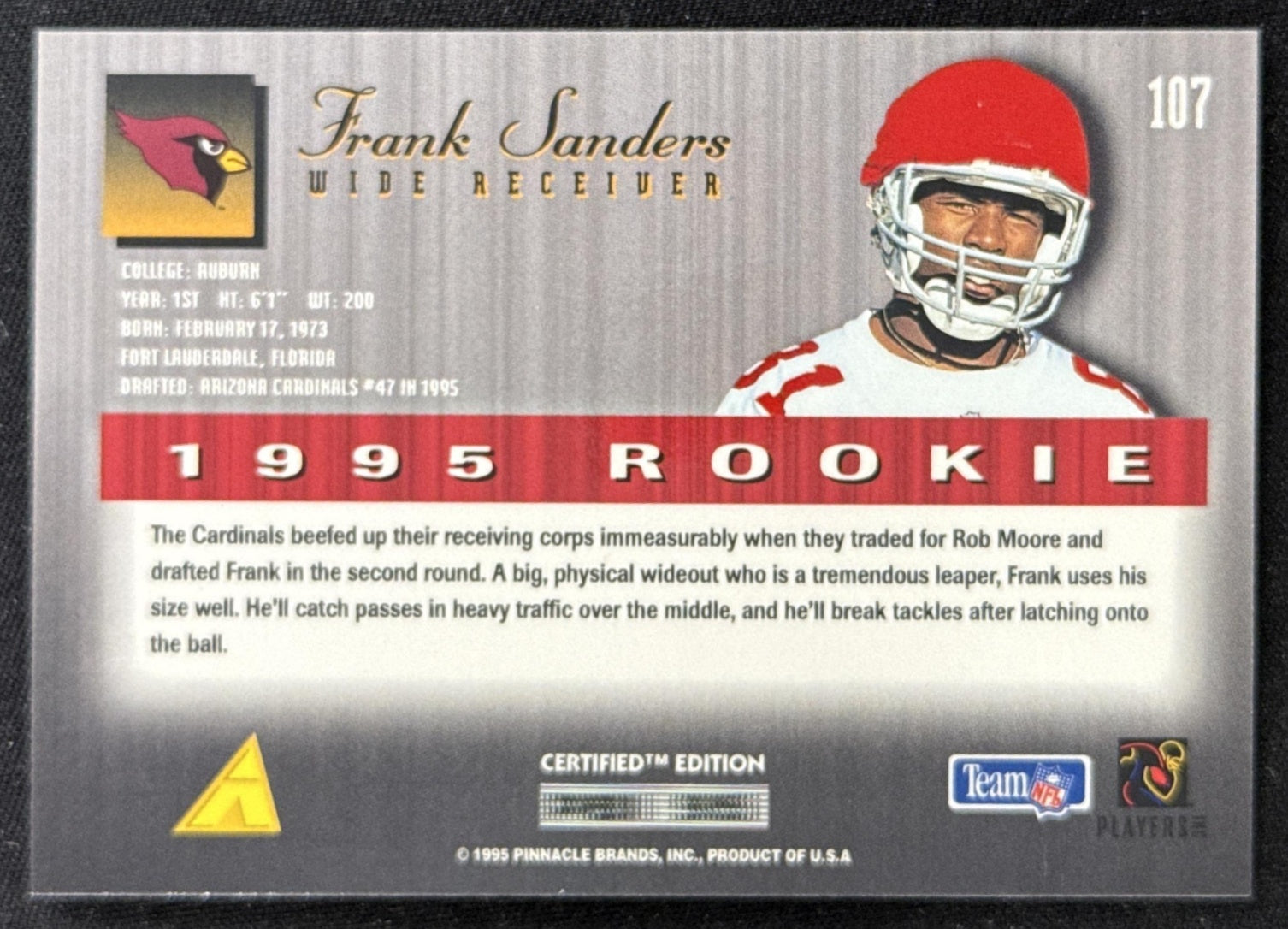 Frank Sanders 1995 Pinnacle Select Certified Cardinals Sports Trading Card