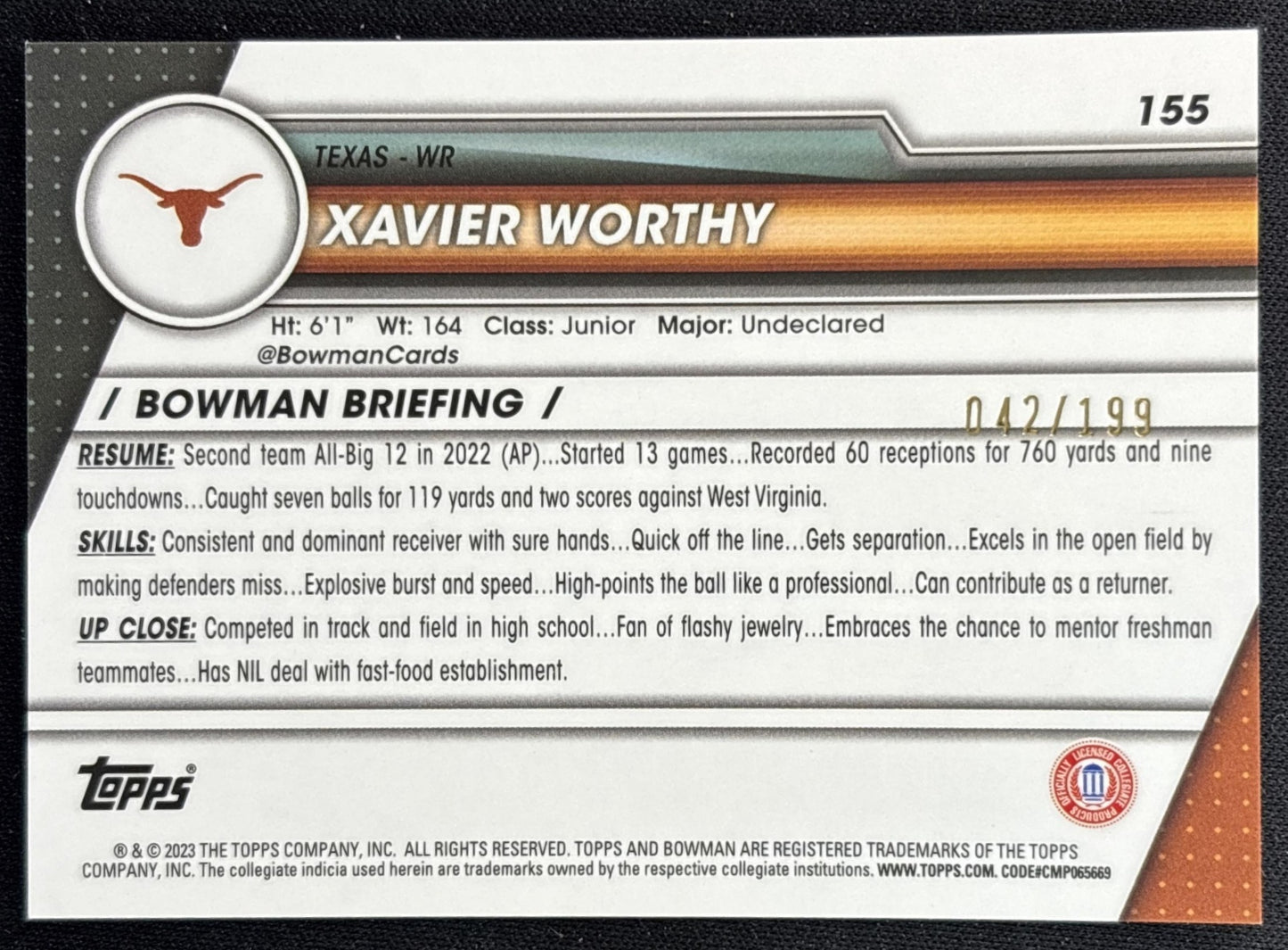 Xavier Worthy 2023 Bowman University Chrome Blue Refractor /199 Longhorns back
