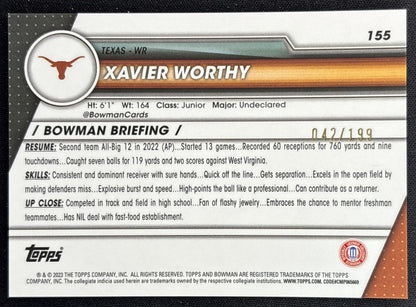 Xavier Worthy 2023 Bowman University Chrome Blue Refractor /199 Longhorns back