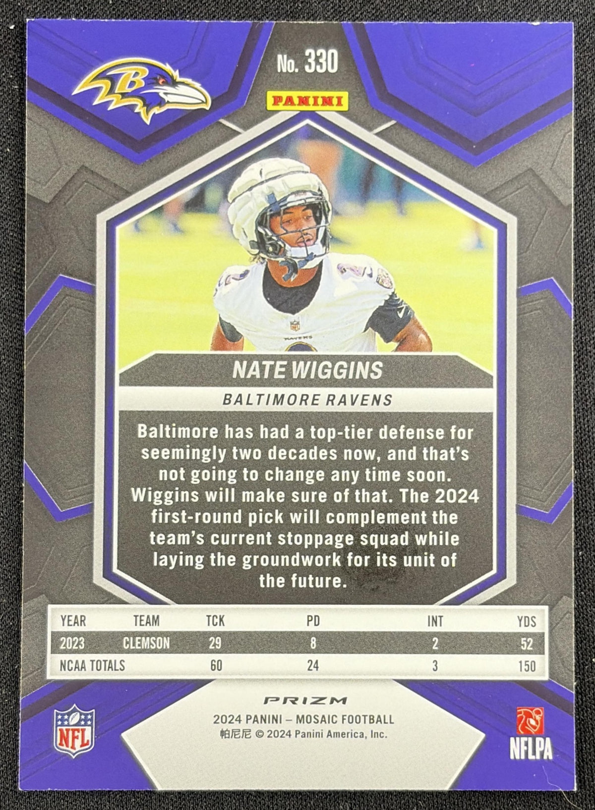 Nate Wiggins 2024 Panini Mosaic Camo Pink Prizm Ravens Sports Trading Card