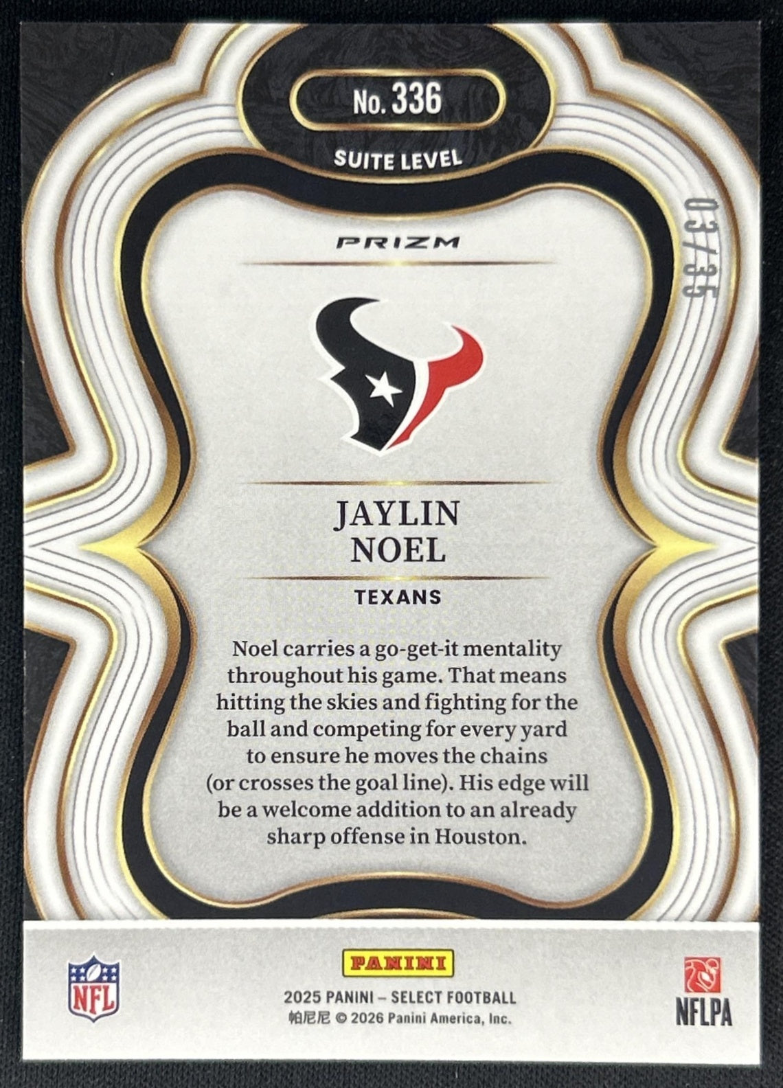 Jaylin Noel 2025 Panini Select Suite Level White Prizm /35 Texans back