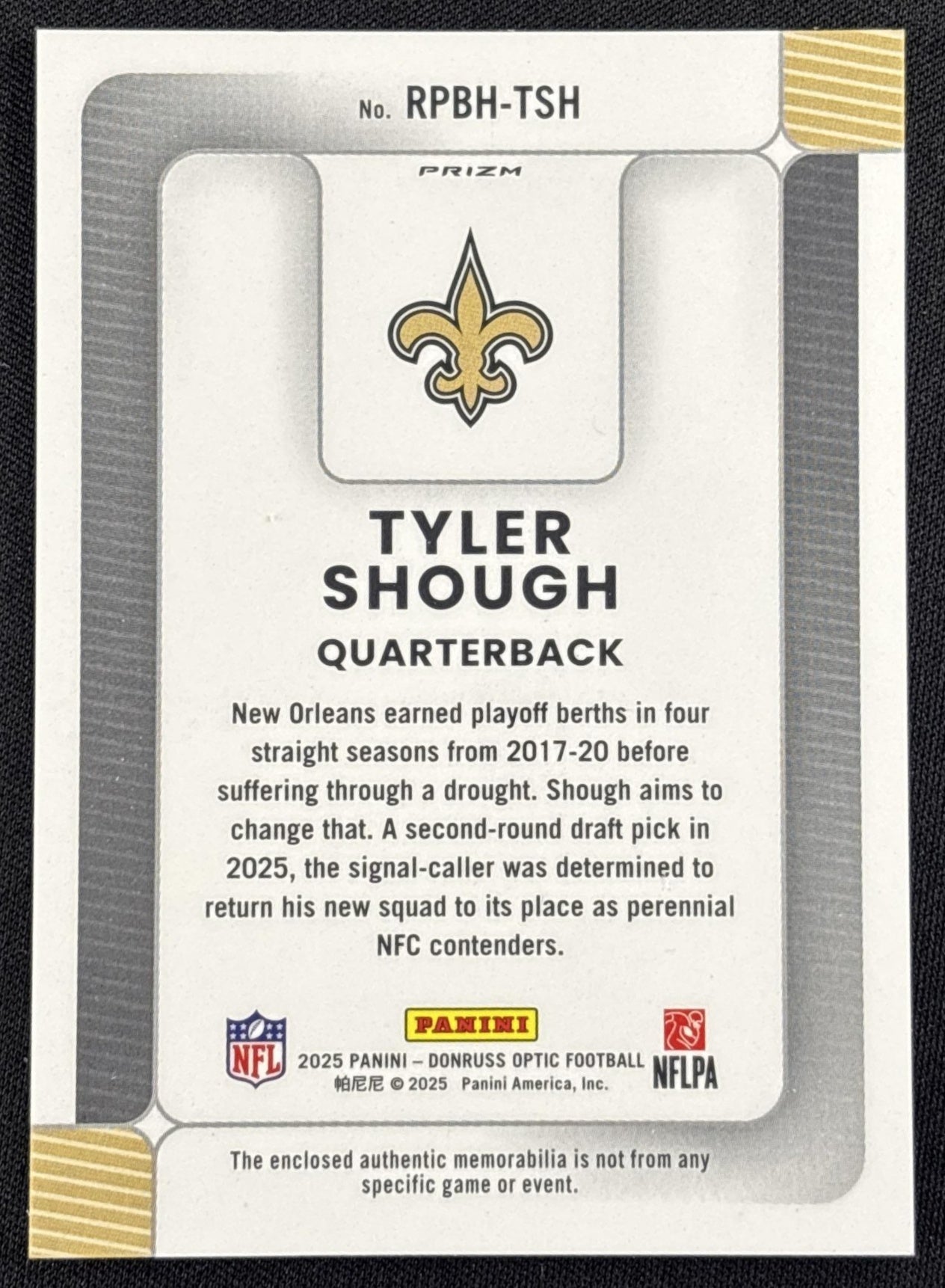 Tyler Shough 2025 Panini Donruss Optic Rookie Phenoms Blue Hyper Prizm Saints