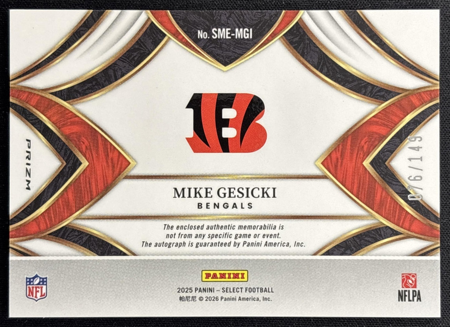 Mike Gesicki 2025 Panini Select Signature Memorabilia Blue Prizm /149 Bengals back