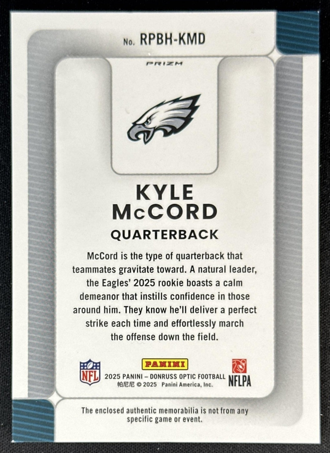 Kyle McCord 2025 Panini Donruss Optic Rookie Phenoms Blue Hyper Prizm Eagles Sports Trading Cards