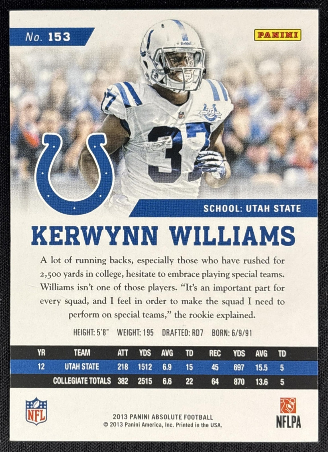 Kerwynn Williams 2013 Panini Absolute /499 Colts back