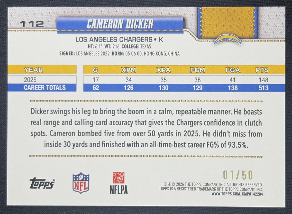 Cameron Dicker 2026 Topps Sandglitter Gold /50 Chargers Los Angeles Chargers Sports Trading Card