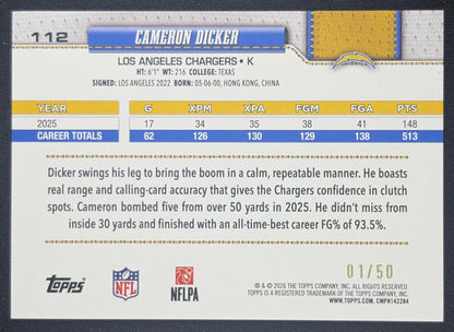 Cameron Dicker 2026 Topps Sandglitter Gold /50 Chargers Los Angeles Chargers Sports Trading Card