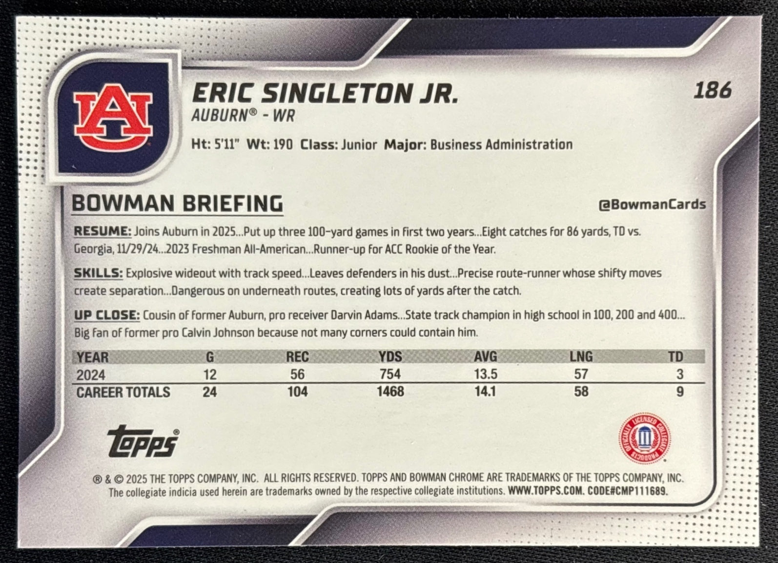 Eric Singleton Jr. 2025 Chrome University Sapphire Prospect Yellow Refractor /75 Tigers back | Wayne Collection
