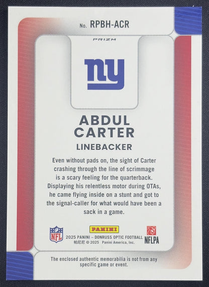 Abdul Carter 2025 Panini Donruss Optic Rookie Phenoms Blue Hyper Prizm Giants