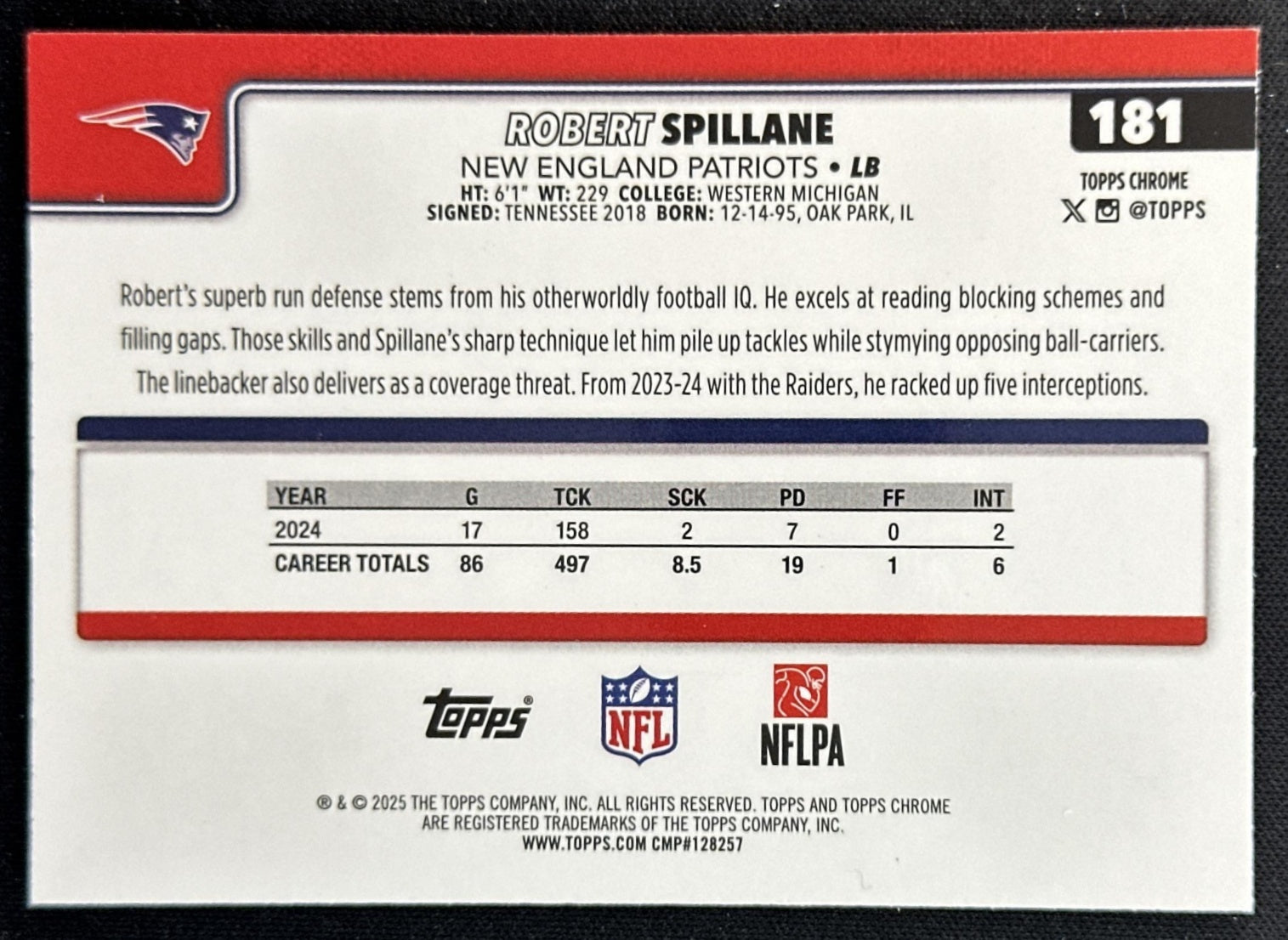 Robert Spillane 2025 Topps Chrome Teal Refractor /299 Patriots