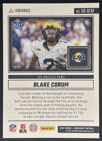 Blake Corum 2024 Panini Luminance Dynamic Rookies Orange /100 Rams back